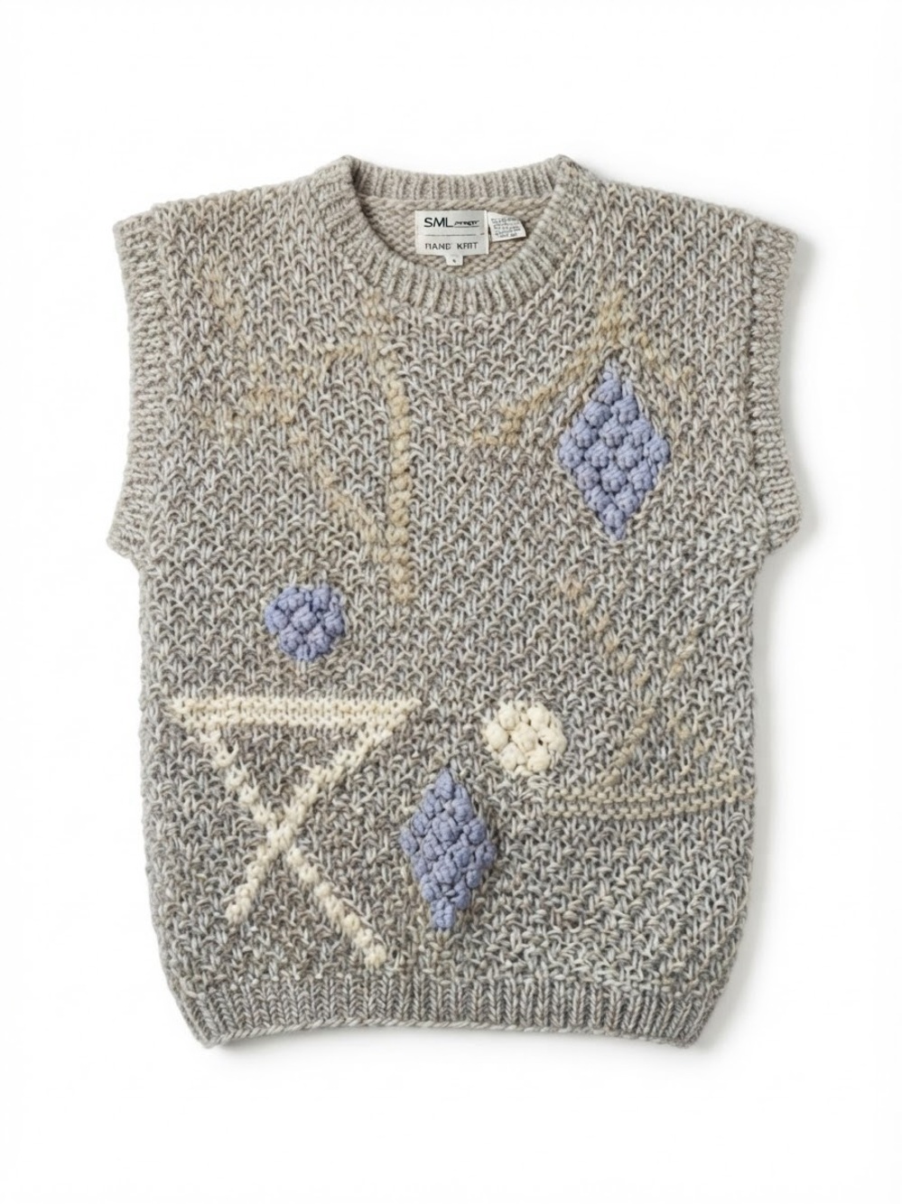 Vintage Wool Hand Knit Sweater Vest Grey Abstract Pattern Cottagecore Preppy